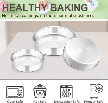 E-far Cake Pan Set of 3 (6 inch/8 inch/9½ inch), Stainless Steel Round Layer Cake Baking Pans, Perfect for Birthday Wedding Tier Cake, Non-Toxic & Healthy, Mirror Finish & Dishwasher Safe