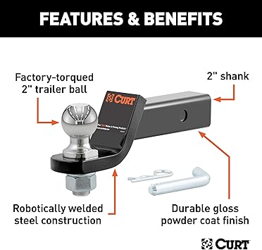 CURT 45036 Trailer Hitch Mount with 2-Inch Ball  Pin, Fits 2-in Receiver, 7,500 lbs, 2" Drop, GLOSS BLACK POWDER COAT