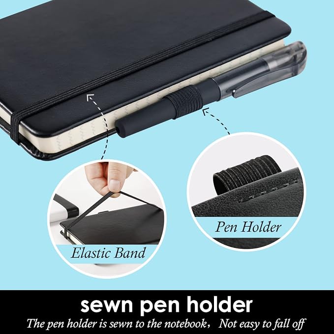 (4 Pack) Pocket Notebook Small Journal with Pen, 3.7" x 5.7", A6 Mini Notebook for Women Men Work Writing, Hardcover Small Pocket Notepad with 100Gsm Premium Thick Lined Paper, Black Leather