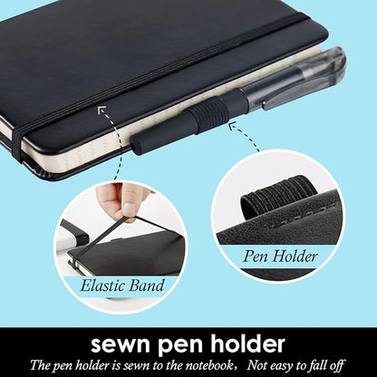 (4 Pack) Pocket Notebook Small Journal with Pen, 3.7" x 5.7", A6 Mini Notebook for Women Men Work Writing, Hardcover Small Pocket Notepad with 100Gsm Premium Thick Lined Paper, Black Leather