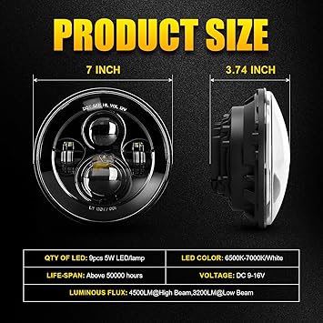 Dot Approved 7Inch Black LED Headlight Compatible with Motorcycle Tour,FLD,Softail Heritage,Street Glide,Road King,Electra Glide,Yamaha V-Star Road Star Wrangler