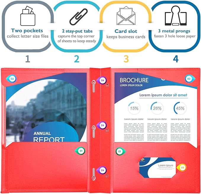 Heavy Duty Plastic Folders with Clear Front Pocket - 18PCS, 3 Pockets Folders with Prongs and Card Slot, for Letter Size Sheets, Bright Colors