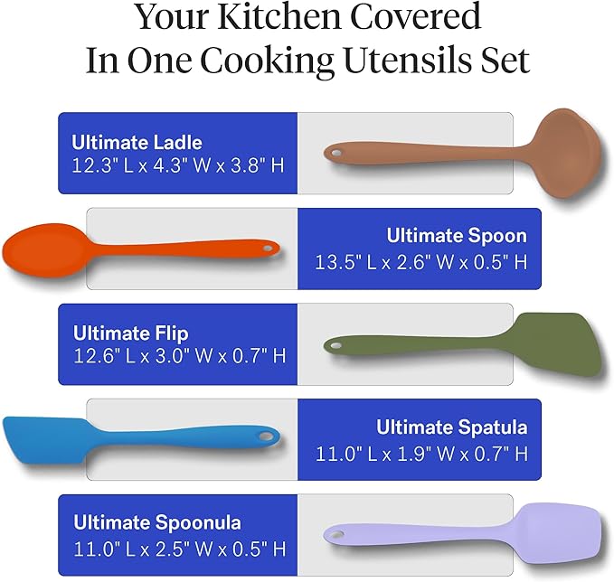 GIR: Get It Right 5 Piece Silicone Cooking Utensils Set - Ladle, Spatula, Flip, Spoon  Spoonula - Non-stick - Heat Resistant - Mediterranean Kitchen Utensils Set - Baking Supplies - BPA  BPS Free