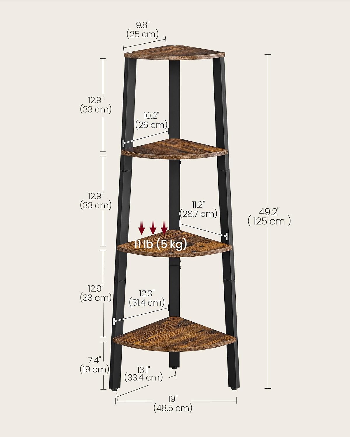 VASAGLE 4-Tier Corner Shelf Stand, Modern Ladder Shelf Plant Stand for Living Room, Office, Kitchen, Rustic Brown and Matte Black, ULLS34X