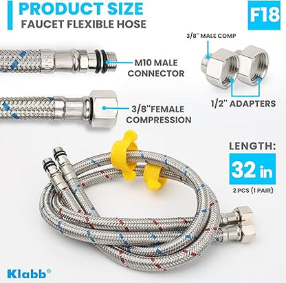 Klabb F18 32-Inch Long Bathroom Kitchen Faucet Connector Braided Stainless Steel Supply Hose 38-Inch Female Compression Thread x M10 Male Connector, x 2 Pcs (1 Pair)