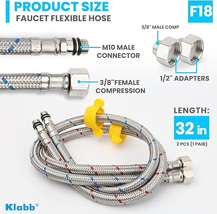 Klabb F18 32-Inch Long Bathroom Kitchen Faucet Connector Braided Stainless Steel Supply Hose 38-Inch Female Compression Thread x M10 Male Connector, x 2 Pcs (1 Pair)