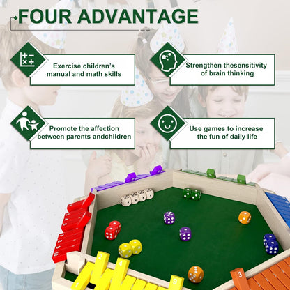 1-6 Players Shut The Box Dice Game, Wooden Board Table Math Game with 16 Dice, Classics Tabletop Version Games for Kids Adults, Family,Classroom,Home,Party or Pub