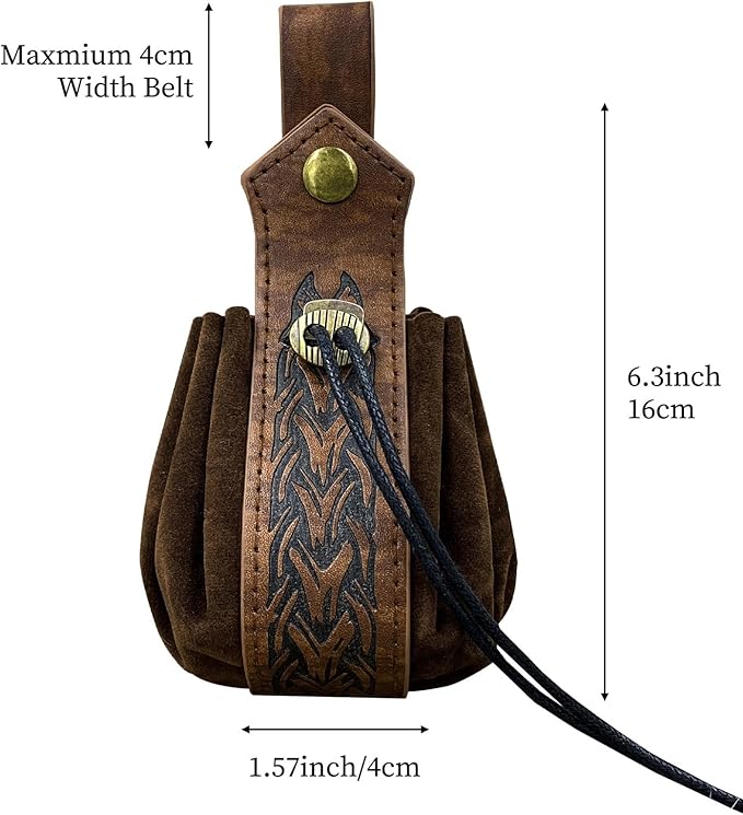Medieval Faux Leather Pouch,Viking Belt Pouch,Retro Nordic Belt Pack,Portable Drawstring Purse,Dice Bag For Hiking Archery LARP Renaissance Faire Costume