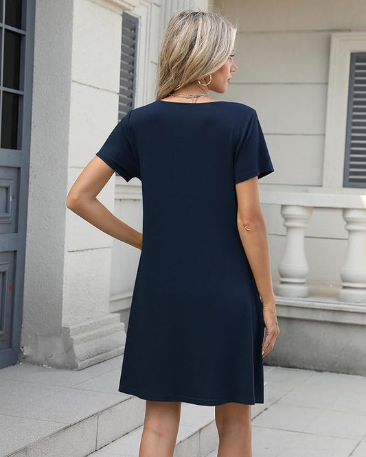 Abardsion Women's Summer Casual Loose T Shirt Dress with Pockets - Short Sleeve Scoop Neck Swing Sundress for Beach