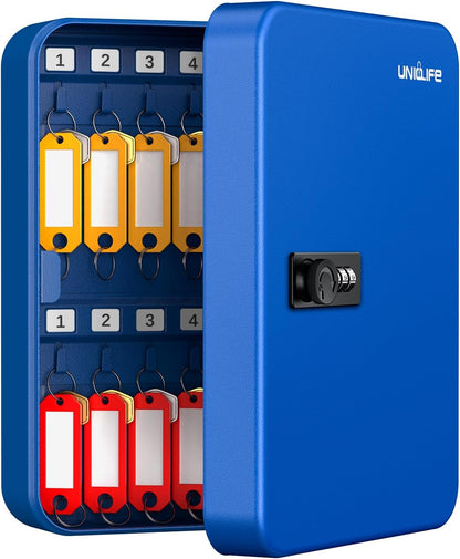 Refurbished- 28 Keys Steel Key Cabinet(small dents) with Resettable Code Blue Wall Mounted Key Organizer with Combination Lock Digital Security Box with Hooks and Large Key Tag Labels Identifiers in 5 Assorted Colors