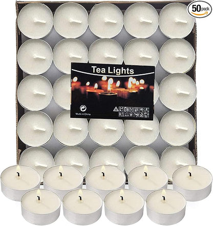 Visen 50Pack Tealight Candles, White, Unscented, Smokeless, Dripless & 6Hours Burn Time Long Burning Paraffin Tea Lights Candles for Home, Romantic Decor, Pool, Shabbat, Weddings & Emergencies