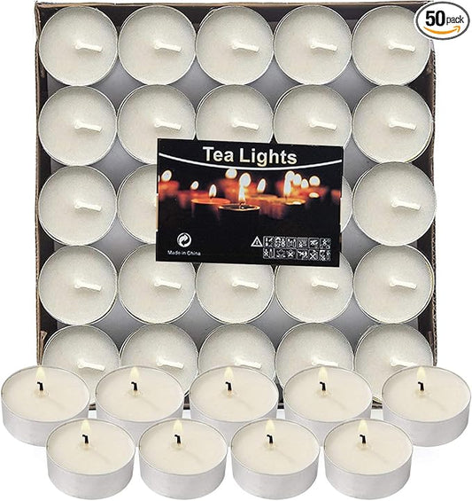 Visen 50Pack Tealight Candles, White, Unscented, Smokeless, Dripless & 6Hours Burn Time Long Burning Paraffin Tea Lights Candles for Home, Romantic Decor, Pool, Shabbat, Weddings & Emergencies