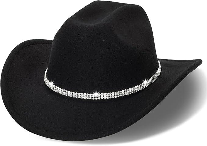 Women-Rhinestone-Western-Cowboy-Hats - Vintage-Wide-Brim-Cowgirls-Hat Bling-Diamond-Hat for Disco Music Party M/L