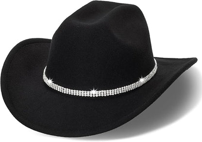 Women-Rhinestone-Western-Cowboy-Hats - Vintage-Wide-Brim-Cowgirls-Hat Bling-Diamond-Hat for Disco Music Party M/L