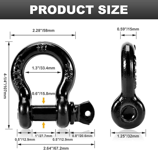 12" D Ring Shackles with 78" Screw Pin, 26,400 lbs Break Strength, Heavy Duty Clevis Shackles (Black) for Jeep, Truck, SUV, Trailer, ATV, UTV(2pcs)