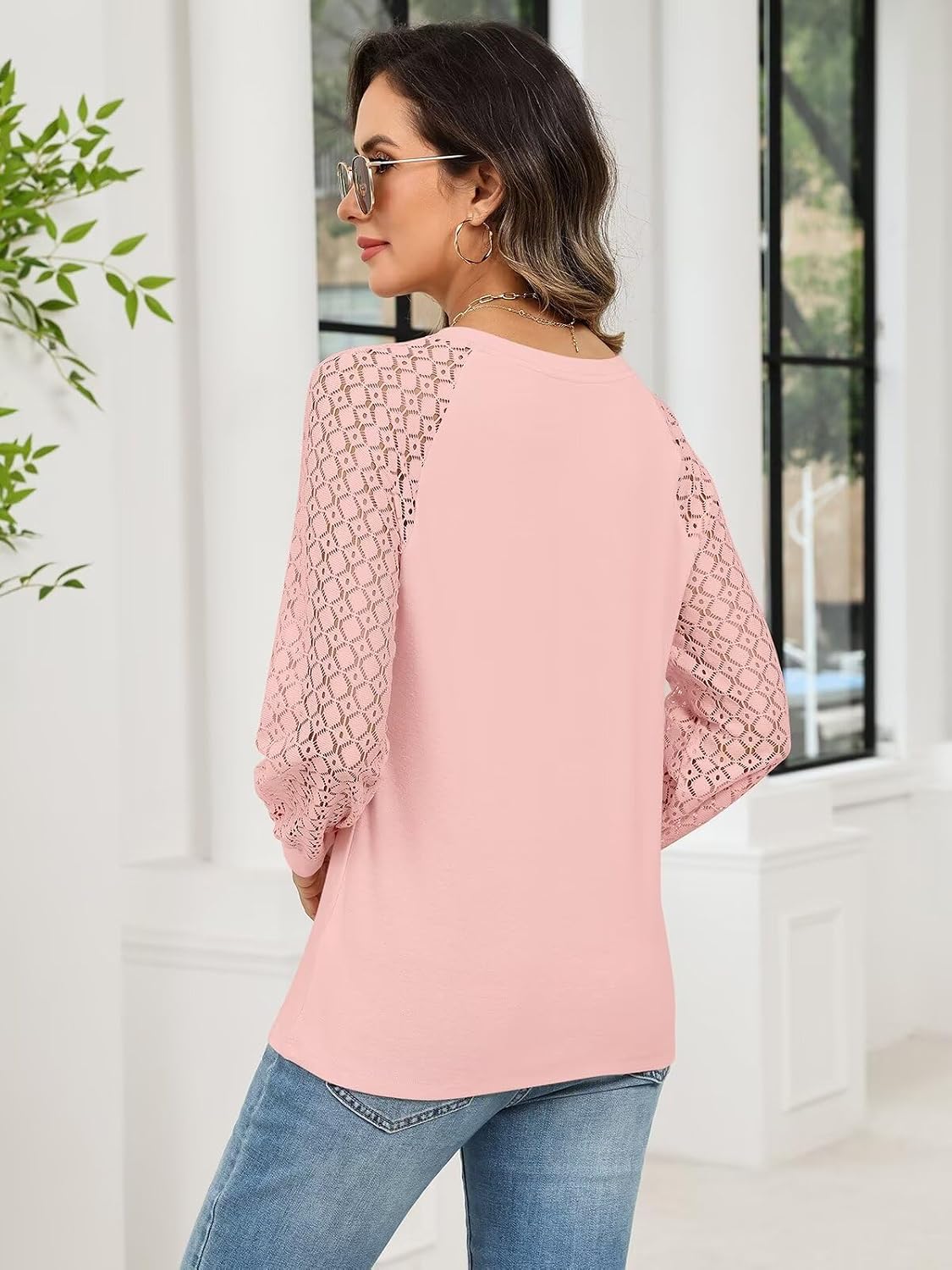 Medium TICTICMISS Women's Lace Long Sleeve Shirts Henley Crewneck Tops Business Casual Fall Blouses