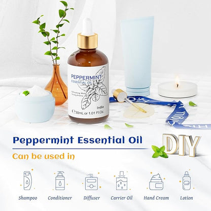 HIQILI 1 Fl Oz Peppermint Oil, for Homemade Spray, Diffuser, 100 Pure Natural 30ML