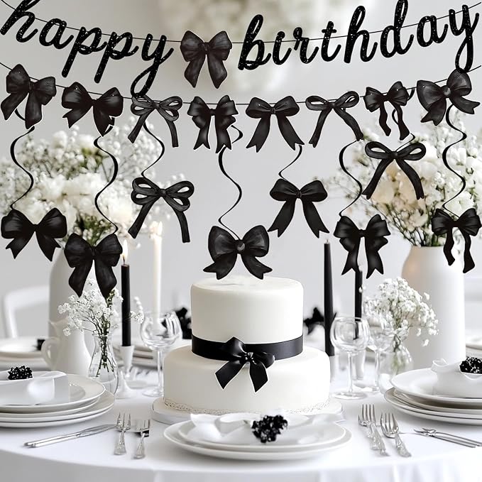 Black Bow Happy Birthday Banner Garland and Hanging Swirls for Girl Black Bow Coquette Birthday Party Decorations