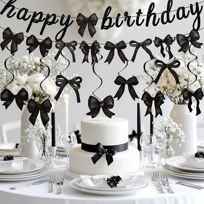 Black Bow Happy Birthday Banner Garland and Hanging Swirls for Girl Black Bow Coquette Birthday Party Decorations