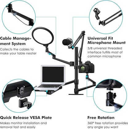 Viozon Selfie Desktop Live Stand Set 6-in-1 10" LED Ring Light Microphone Mount compatible with 12-17" laptop17-32'' monitor7-13 Tablet3.5-6.7" PhoneDigital Camera DSLR Online Teaching Meeting