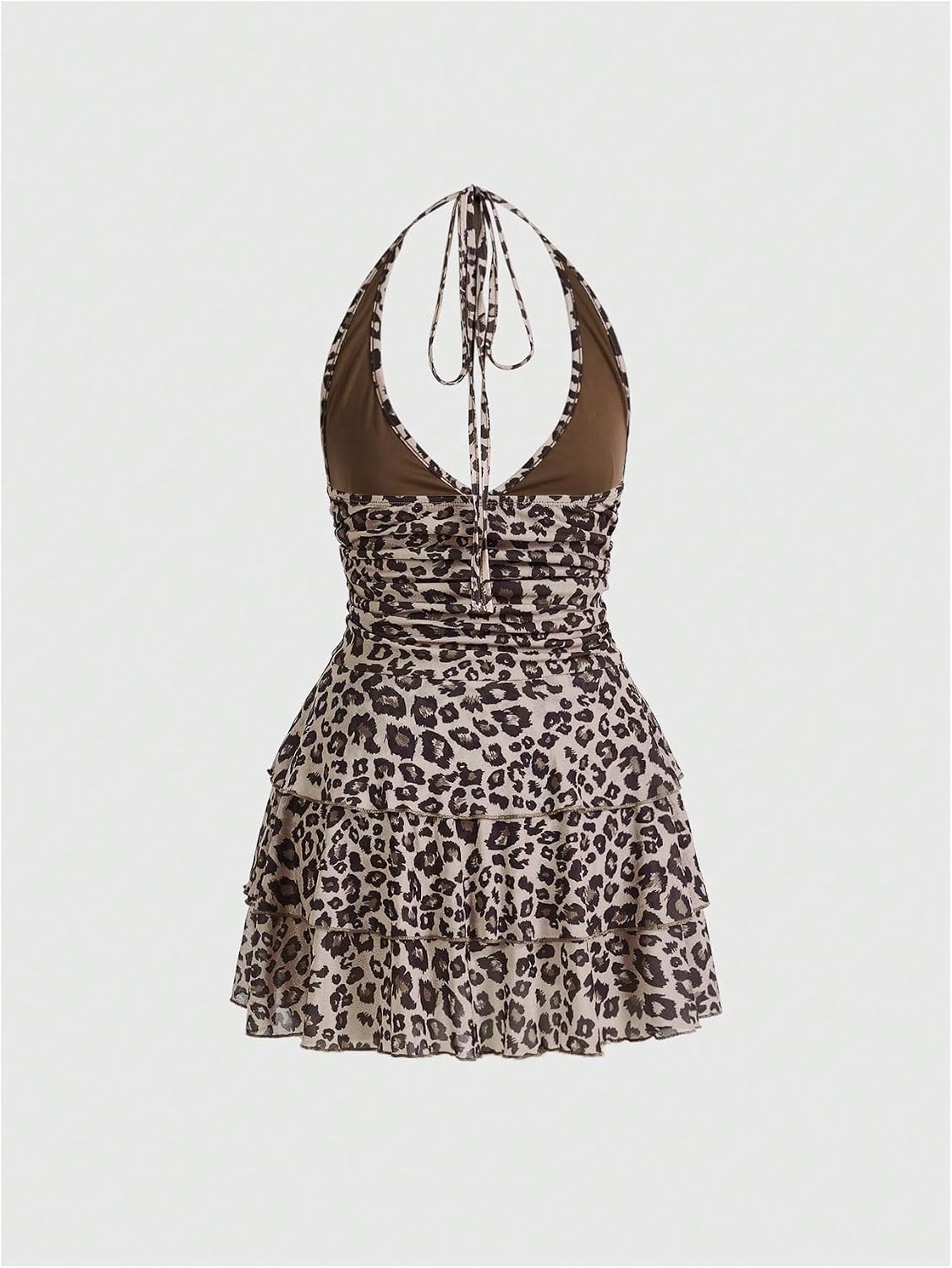 BEAUDRM Women's Y2K Leopard Print Halter Dress Sexy Ruched Tie Backless Tiered Layer Mini Dresses Cheetah Mesh Ruffle Dress