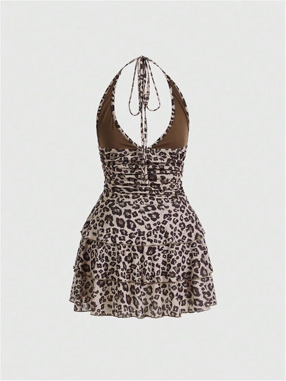 BEAUDRM Women's Y2K Leopard Print Halter Dress Sexy Ruched Tie Backless Tiered Layer Mini Dresses Cheetah Mesh Ruffle Dress