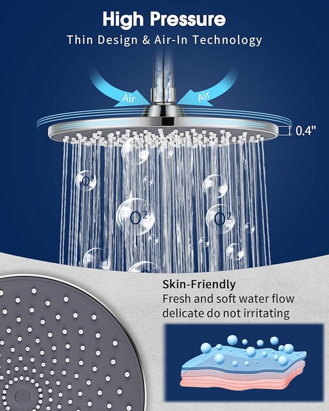 Large Shower Head VMASSTONE 9In High Pressure Showerhead - Tool Free Installation- with Large Spray Surfaces and 200 Nozzles for Delicate and Unstimulate Shower Experience (EM-001 ChromeDark Grey)