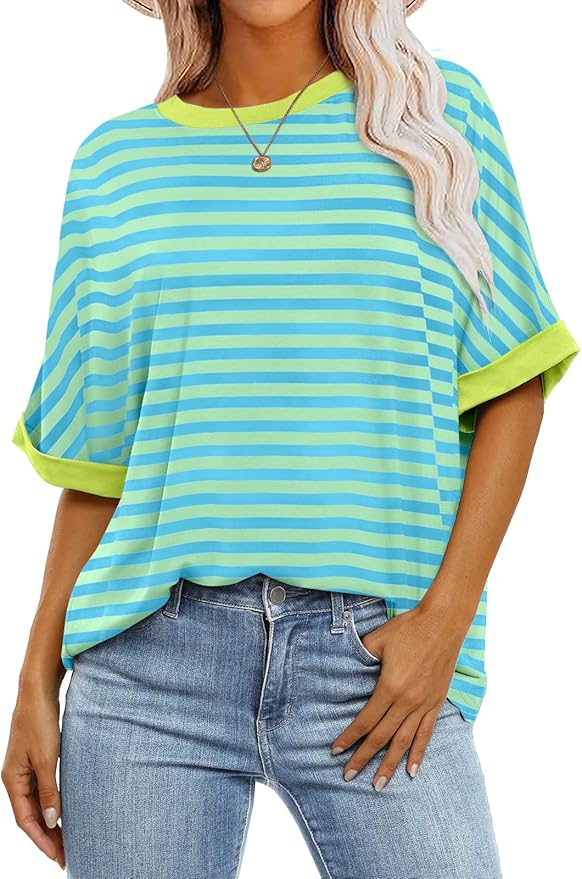 ANRABESS Womens Oversized T Shirts Striped Basic Tees Short Sleeve Crewneck Casual Loose Tops Shirts 2025 Summer Outfits