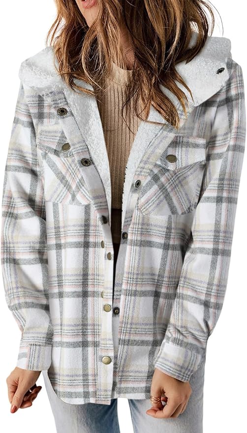 Dokotoo Womens Plaid Shacket Jacket Long Sleeve Button Down Fleece Hooded Jackets Warm Coat