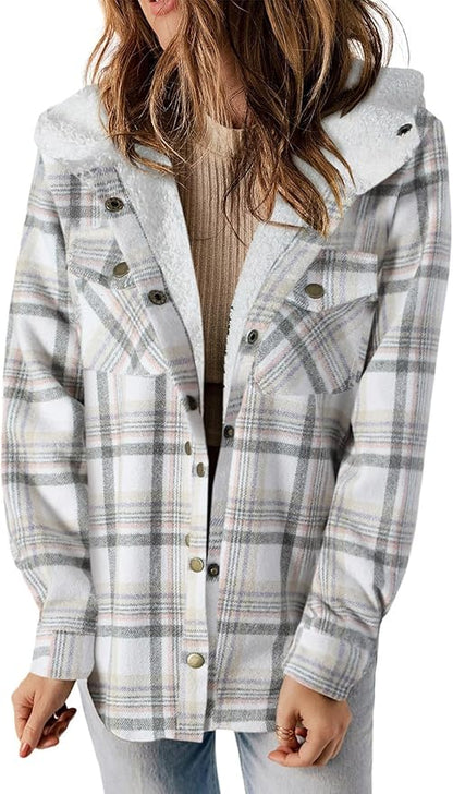 Dokotoo Womens Plaid Shacket Jacket Long Sleeve Button Down Fleece Hooded Jackets Warm Coat