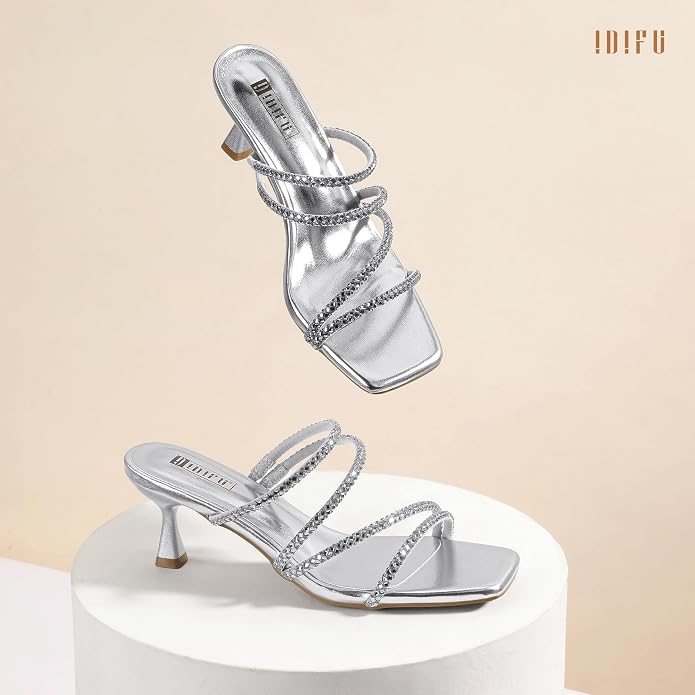 Size 11. IDIFU Rhinestone Heels Slip On Strappy Low Kitten Heels | Square Open Toe Low Heels Wedding Bridal Prom Party Dress Shoes for Women Comfortable Formal Sparkly Heeled Sandals