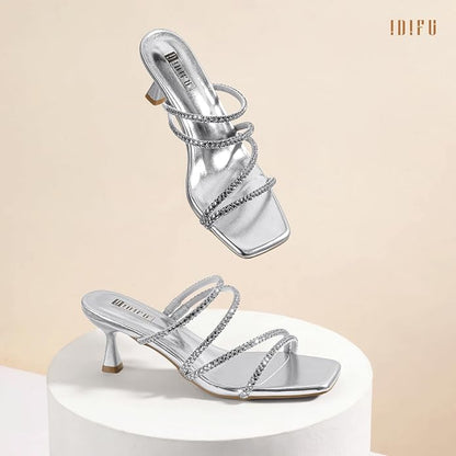 Size 11. IDIFU Rhinestone Heels Slip On Strappy Low Kitten Heels | Square Open Toe Low Heels Wedding Bridal Prom Party Dress Shoes for Women Comfortable Formal Sparkly Heeled Sandals