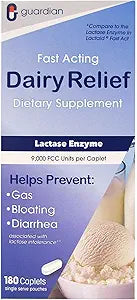 Guardian Dairy Relief Fast Acting Lactase, 180 Caplets, 9000 FCC Maximum Strength, Lactose Intolerance Pills, Lactase Enzyme (180 CT)