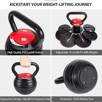 TopMade Adjustable Kettlebell Weights Set Cast Iron Exercise Fitness Kettle Ball Grip 5, 8, 9,12lb Free Weight Men Women Kettlebells for Home Gym Workout Ballistic, Core,Strength Training (40 lbs)