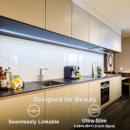 Under Cabinet Lights, Plug in, Seamlessly Linkable 12 Inch, 6 BarsSwitchExtensions, Under Counter Lighting for Kitchen, Closet, Gun Safe, Shelf, Display Case, LED 5000k Daylight