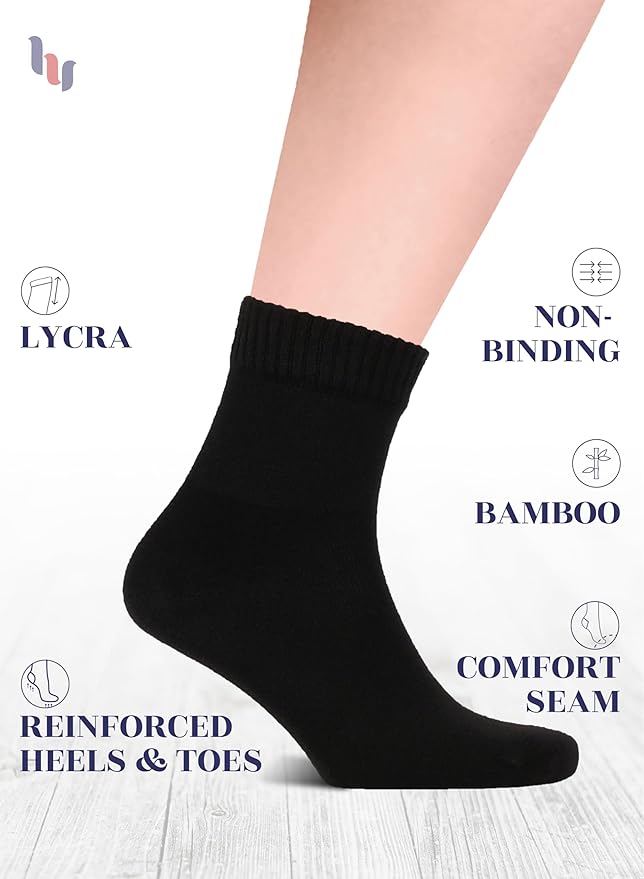 Hugh Ugoli Diabetic Socks for Men, Loose Ankle Socks, Bamboo, Extra-Wide, Thin, Seamless Toe, Non-Binding Top, 4 or 8 Pairs