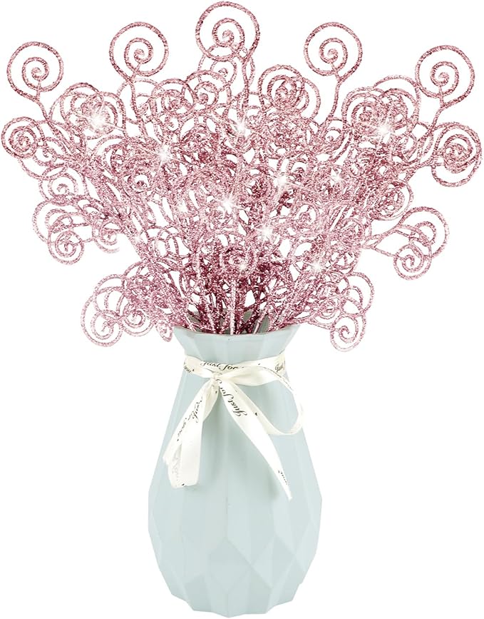 24 Pieces Glitter Christmas Picks Ornaments 10 Inches Decorative Sticks Candy Picks Curly Sprays Twigs for Christmas Tree Branches Vase Fillers Crafts Wreath Garland Party Wedding Holiday (24, Pink)