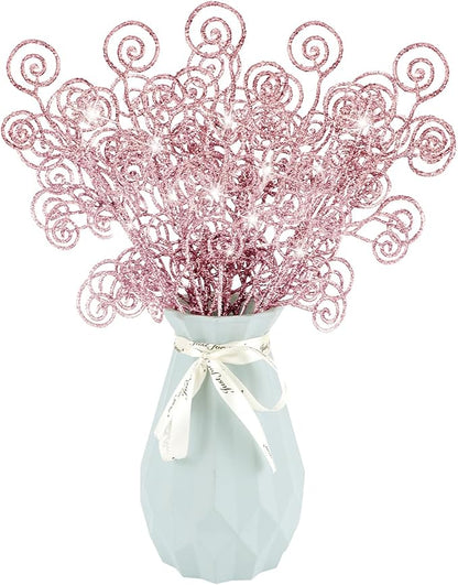 24 Pieces Glitter Christmas Picks Ornaments 10 Inches Decorative Sticks Candy Picks Curly Sprays Twigs for Christmas Tree Branches Vase Fillers Crafts Wreath Garland Party Wedding Holiday (24, Pink)