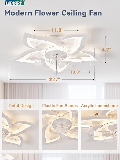 LEDIARY Flower Ceiling Fans with Lights, Small 27 Inch Modern Low Profile Ceiling Fan, Dimmable LED Ceiling Light Fixture, Flush Mount Ceiling Fans with Remote for Bedroom, Kitchen, Indoor-White