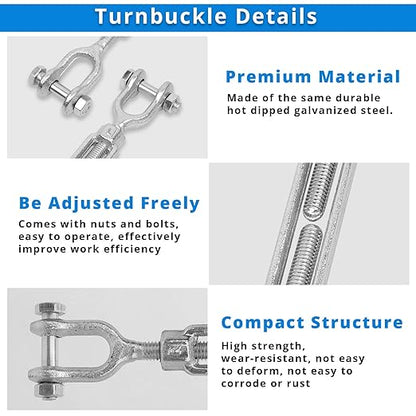 Hot Dipped Galvanized Steel Jaw and Jaw Turnbuckle - Heavy Duty Turnbuckle, 38" Threaded Diameter x 12in,3500 lbs Working Load Limit - Durable,Weather Resistant