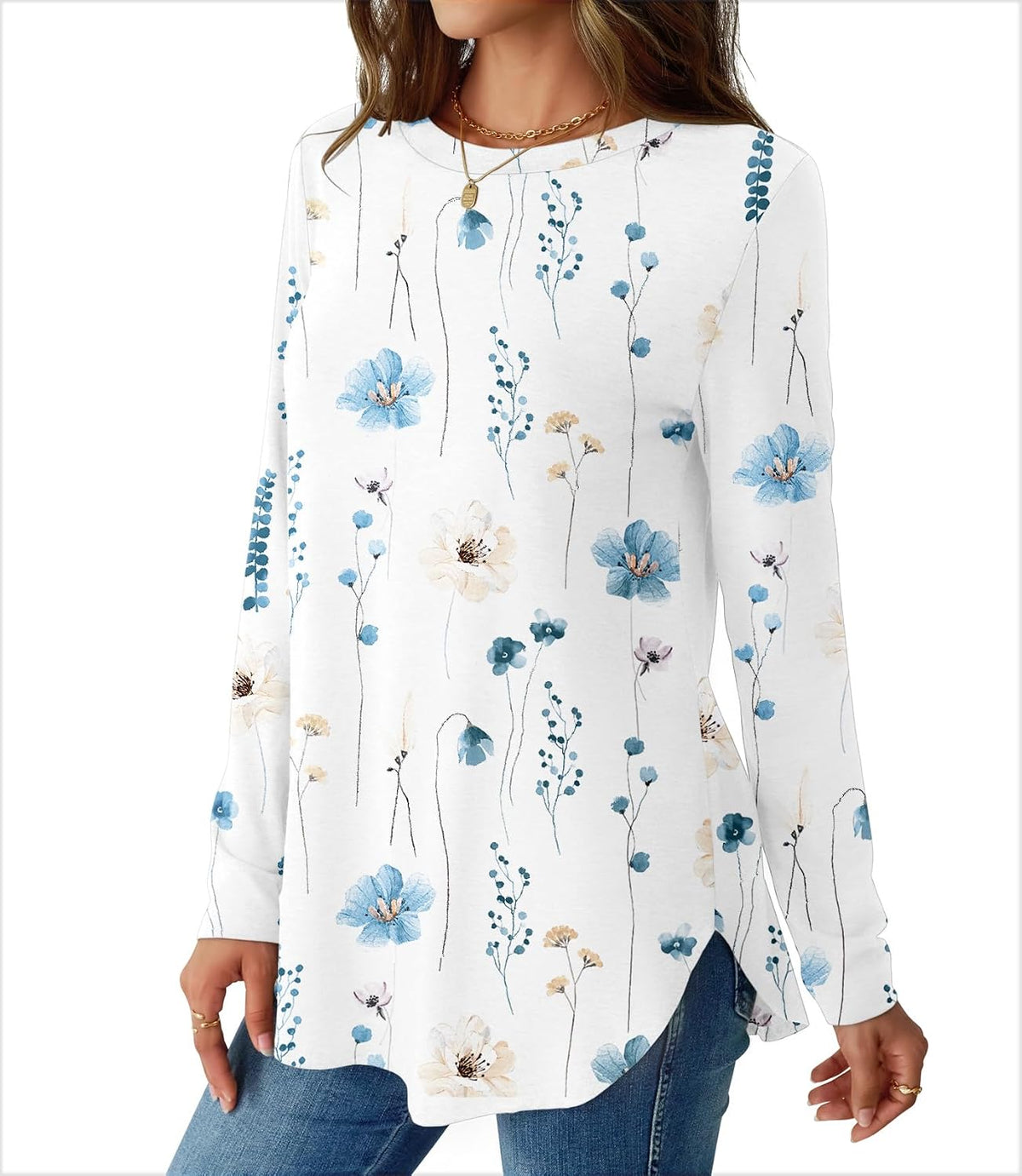 NORACORA Women Long Sleeve Shirts Loose Tunic Crew Neck Lightweight Side Split Casual 2026 Spring Trendy Basic Tshirts Blouse