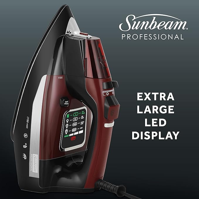 Sunbeam Professional Steam Iron, 1700 Watt, Large Nonstick Ceramic Soleplate, Horizontal or Vertical Shot of Steam, Self Cleaning, Large LED Screen and Bright LED Lights, 8' Swivel Cord, BlackRed