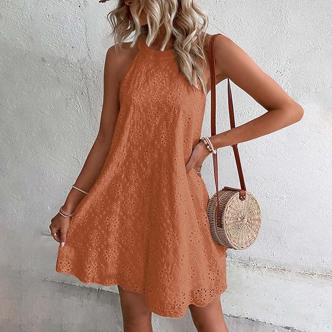Women Summer Dresses Cap Sleeve Babydoll Eyelet Ruffle V Neck Mini Dress Plus Size Casual Loose Sundress with Pockets