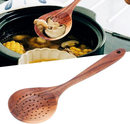 Wooden Strainer Spoon, 11 inch Teak Wooden Slotted Spoon Long Handle Colander Ladle Skimmer Scoops for Home Kitchen Cooking Tool