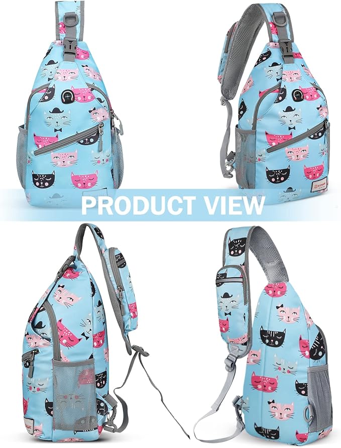ZOMAKE Sling Bag for Women Men, Small Crossbody Sling Backpack, Mini Water Resistant Shoulder Daypack for Travel, Anti Thief Chest Bag for Hiking, Sports(Cat's Head Light Blue)