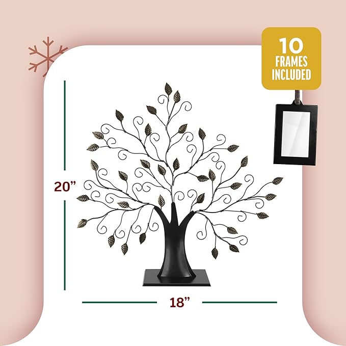 Klikel Family Tree Picture Frame Display with 10 Hanging Picture Photo Frames - Large 20 X 18 Metal Family Tree - 10 Ornamental 2x3 Frames - Wall Decor or Table Decor - Family Tree Photo Frame