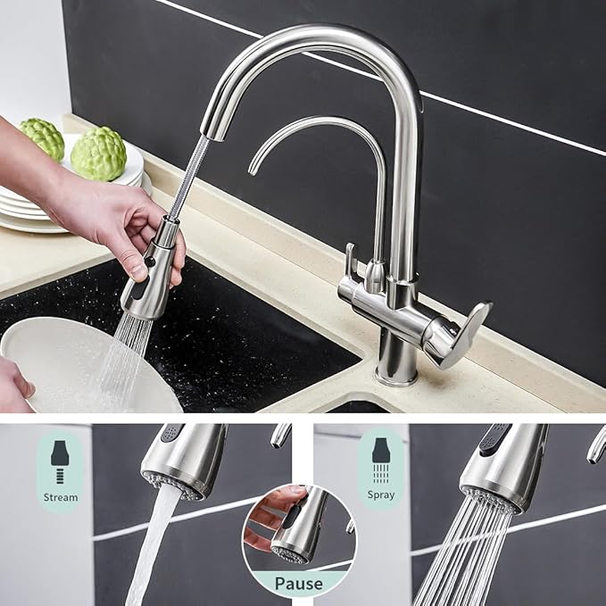 Kitchen Sink Faucet with Pull Down Sprayer 2 Handle 3 in 1 Water Filter Purifier Faucets Brushed Nickel 0195SN