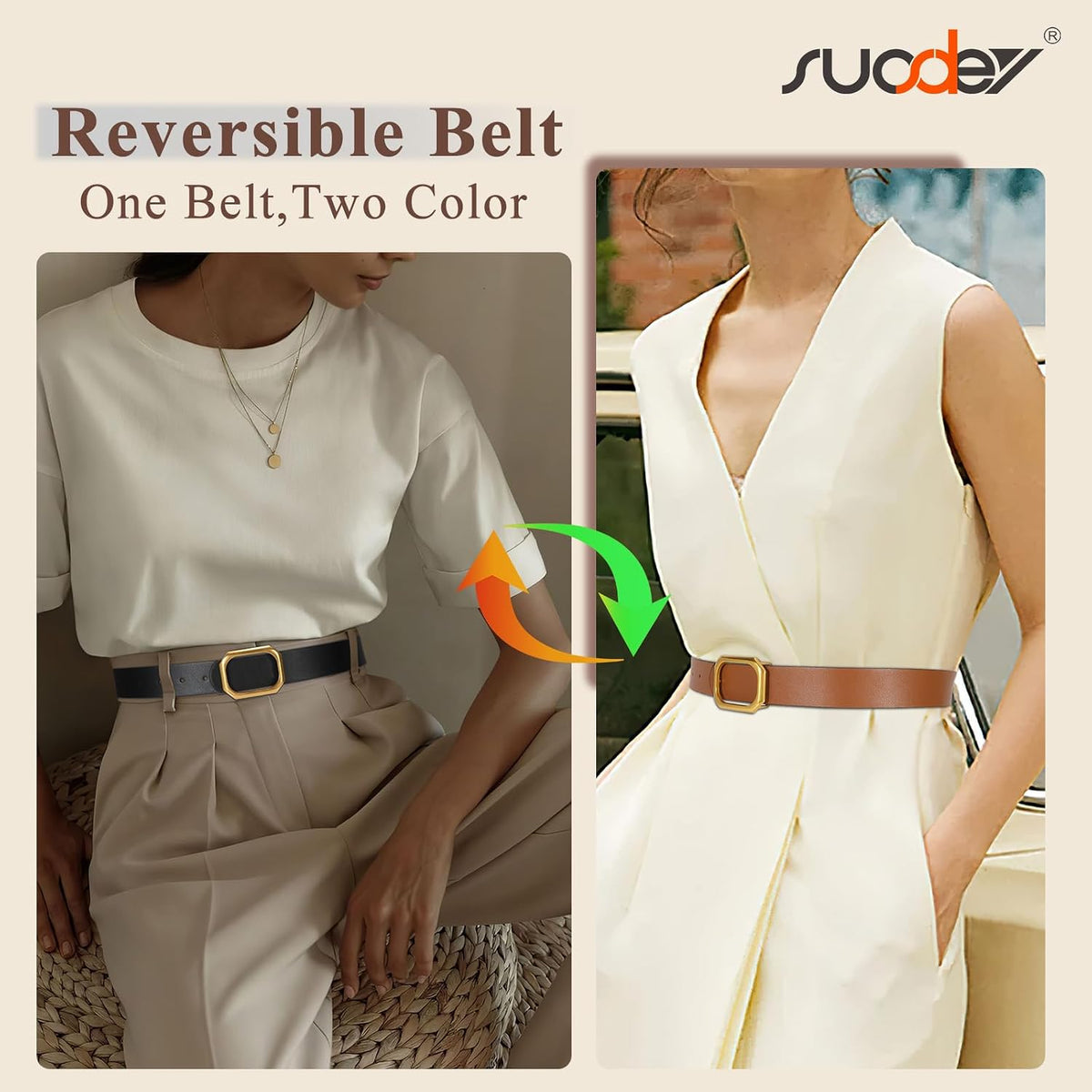 SUOSDEY Women Reversible Leather Belt for Jeans Pants Dresses Ladies Waist Belt, 1.3" Width Fits Waist Size from 38"
