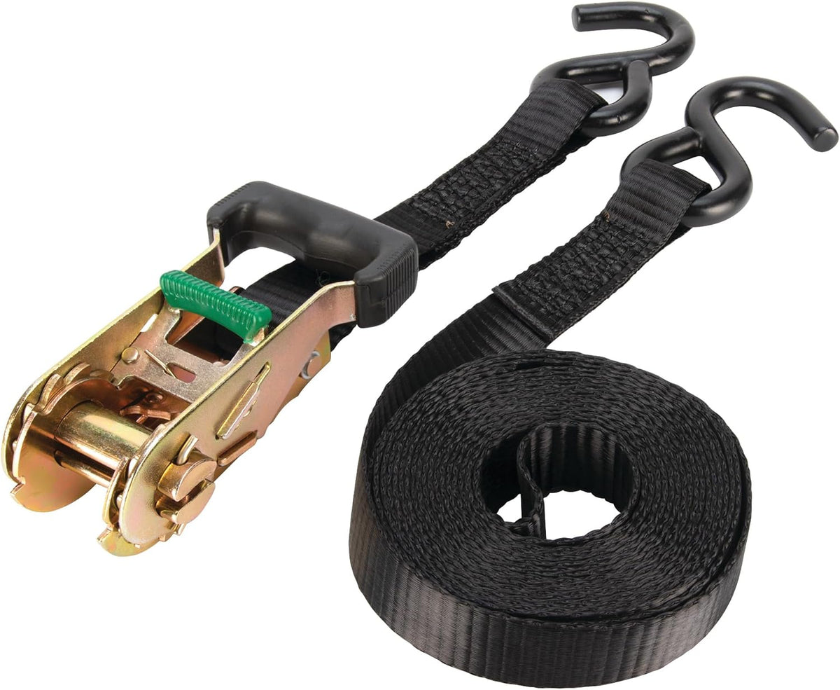 Performance Tool W1856 1-in X 14-ft Ratcheting Tie Down Strap: 1000 lb Load Limit, 3000 lb Break Strength, Strong Poly Webbing, Padded Comfort Ratchet Handle, Vinyl Hooks, Heavy Duty, Black
