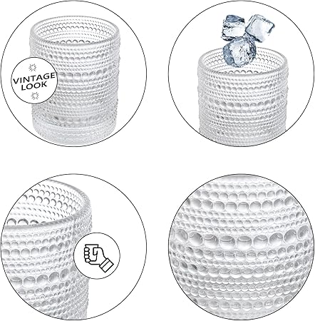 ZOOFOX Set of 6 Romantic Water Glasses, 12 oz Hobnail Glasses Tumbler, Clear Embossed Vintage Glassware Set for Beer, Cocktail, Soda, Beverages